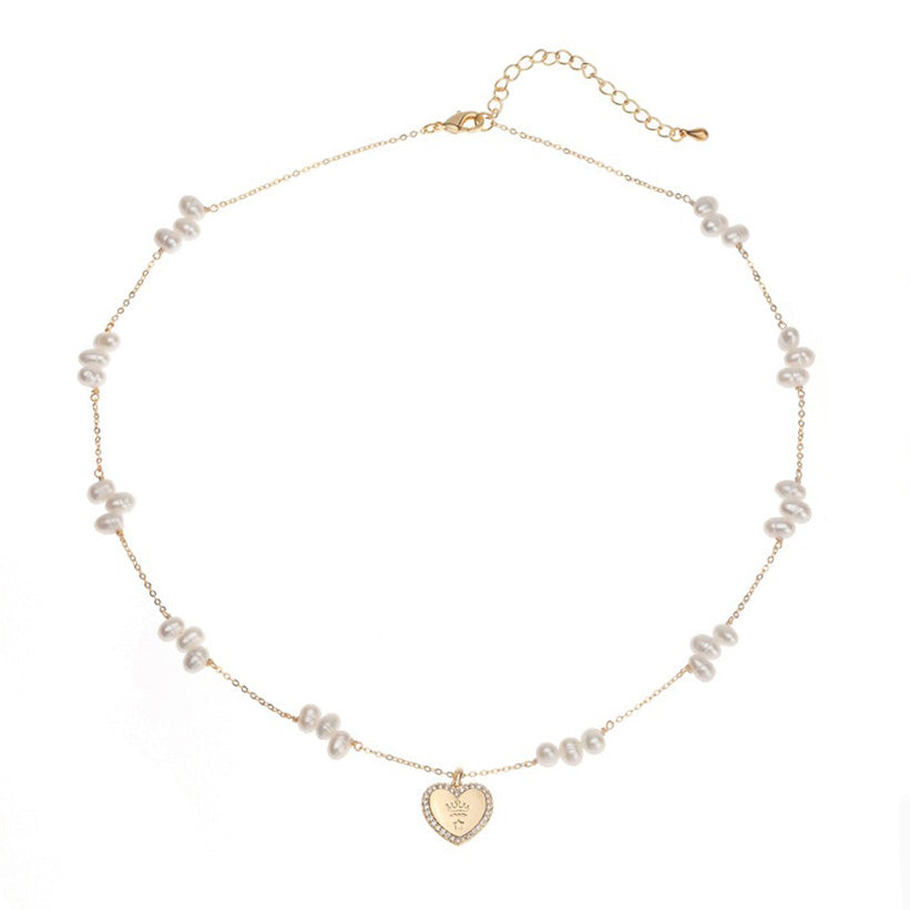 Gold Bead Pearl Choker with Heart Pendant