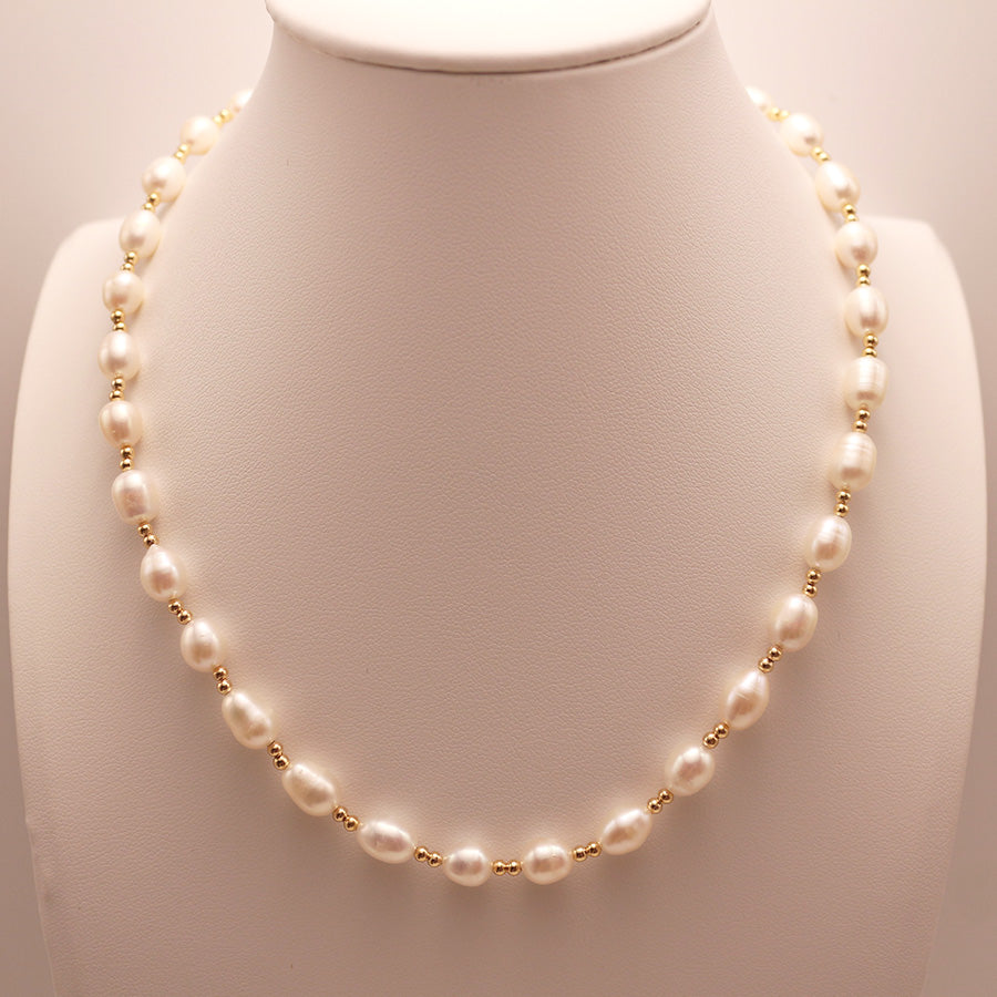 Gold Bead and Pearl Strand Necklace