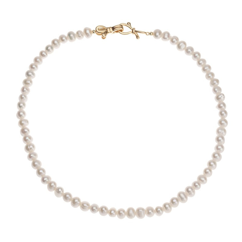 7-8mm Freshwater Pearl Golden Bow Clasp Necklace