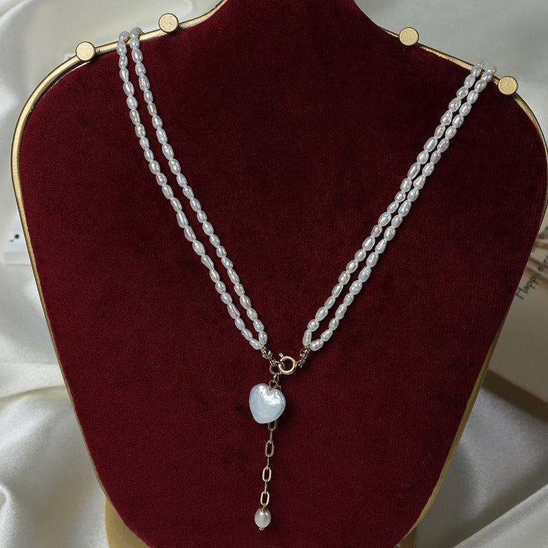 Heart Keshi Pearl Pendant with Rice Bead Pearl Necklace