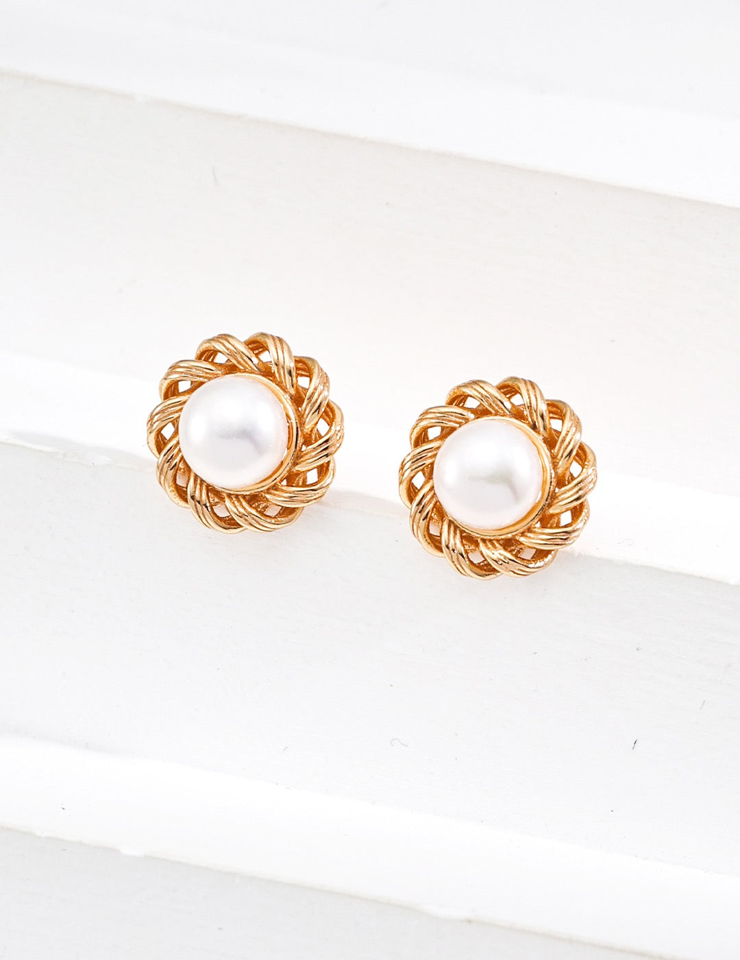Golden Twisted Pearl Stud Earrings