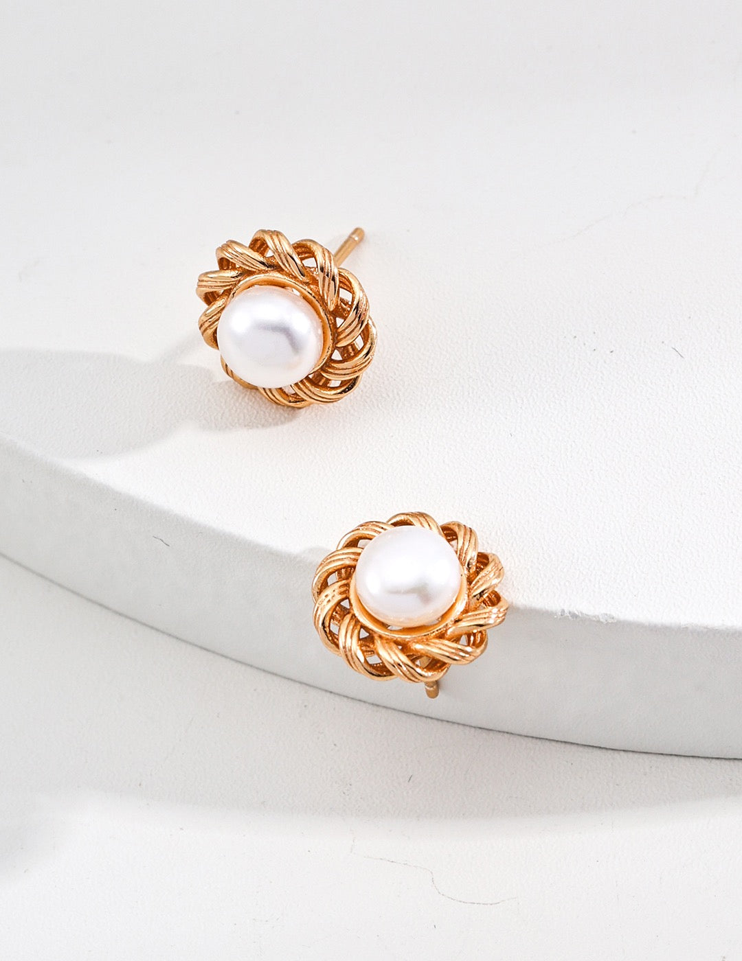 Golden Twisted Pearl Stud Earrings
