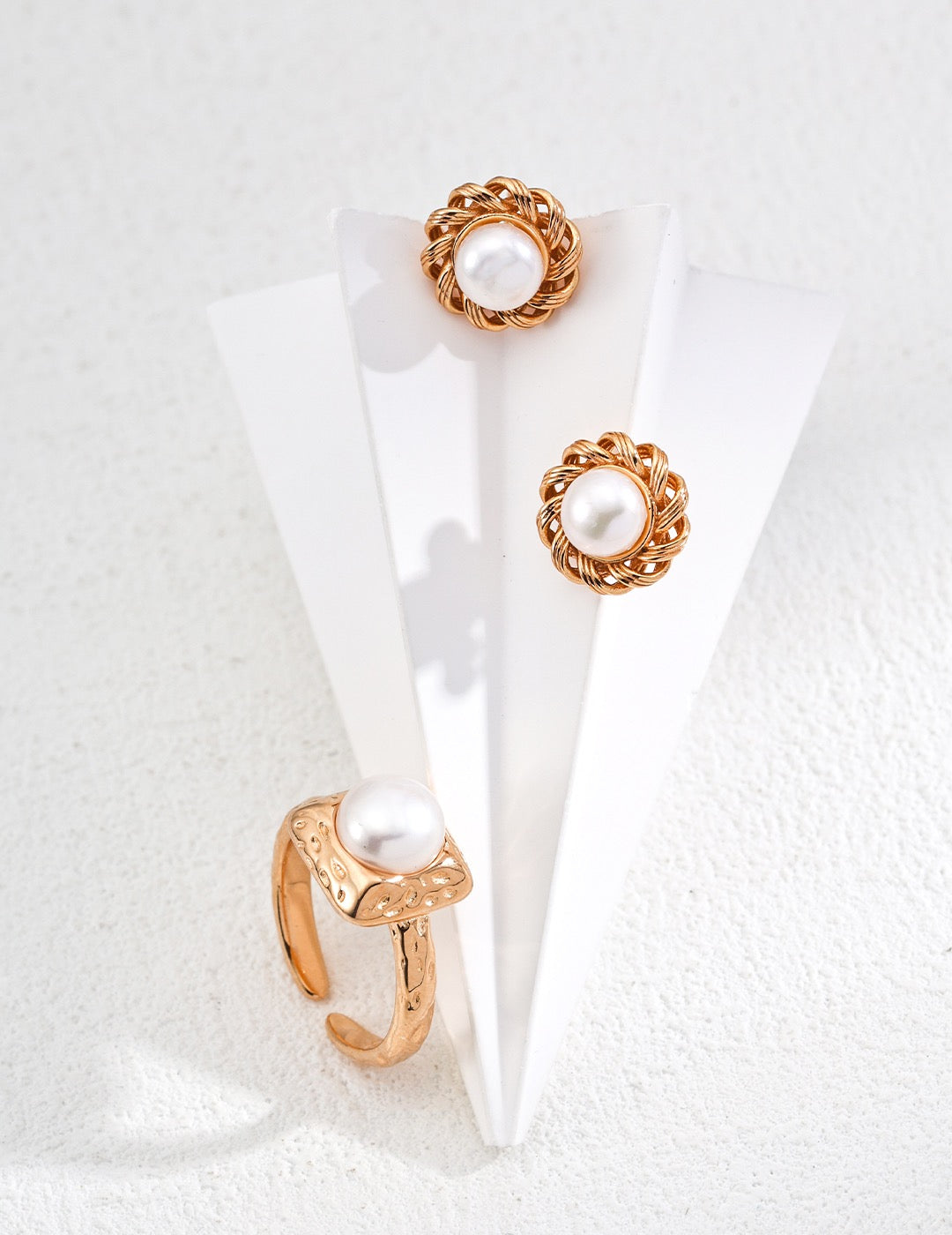Golden Twisted Pearl Stud Earrings