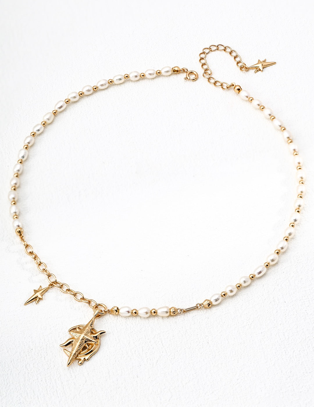 Star & Moon Guardian – Pearl Charm Necklace