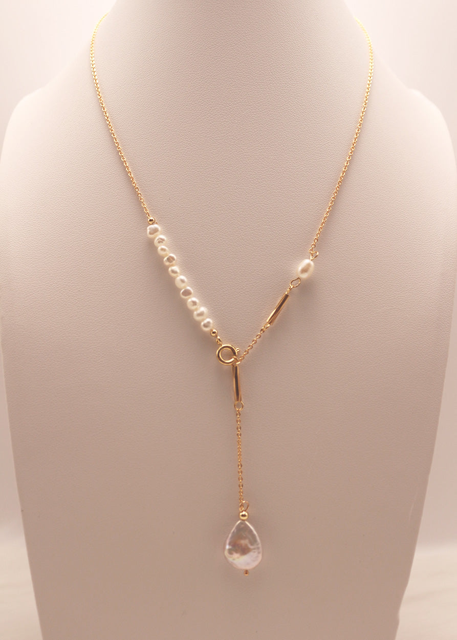 Long Keshi Pearl Pendant Gold Chain Necklace