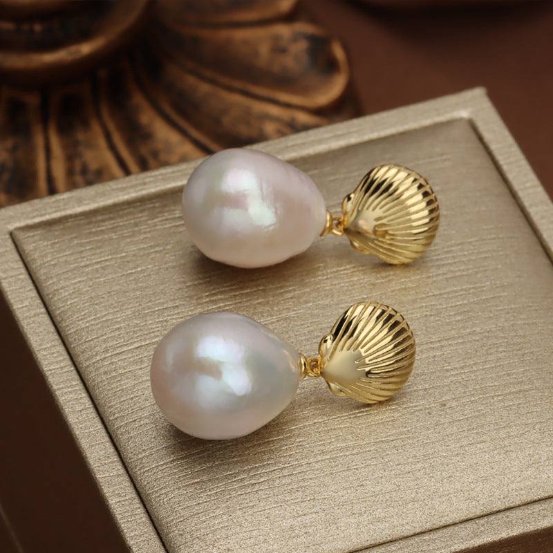 Golden Shell – Baroque Pearl Drop Earrings