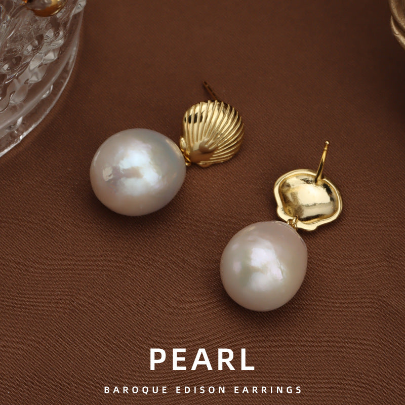 Golden Shell – Baroque Pearl Drop Earrings