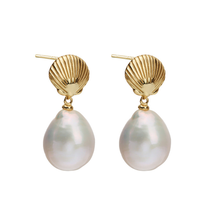 Golden Shell – Baroque Pearl Drop Earrings