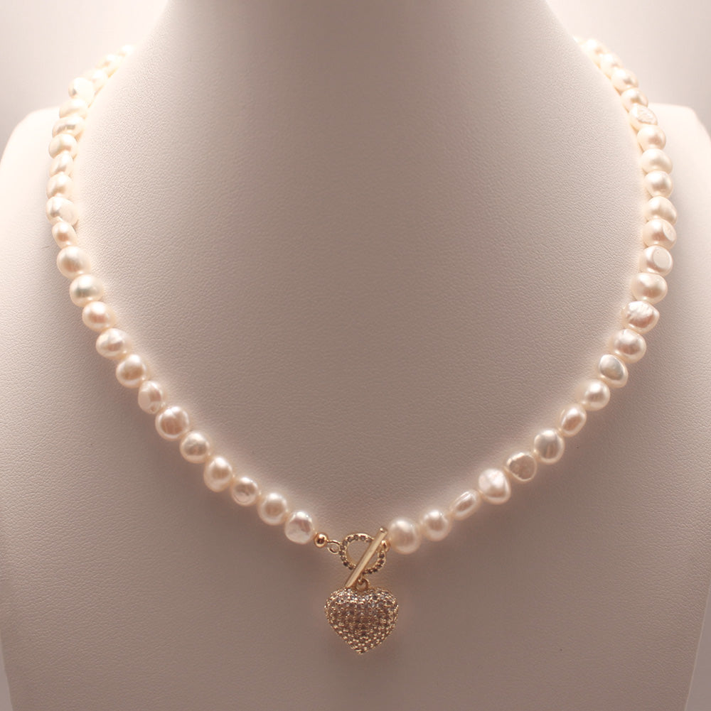 Pearl Necklace with Heart Charm - Toggle Clasp