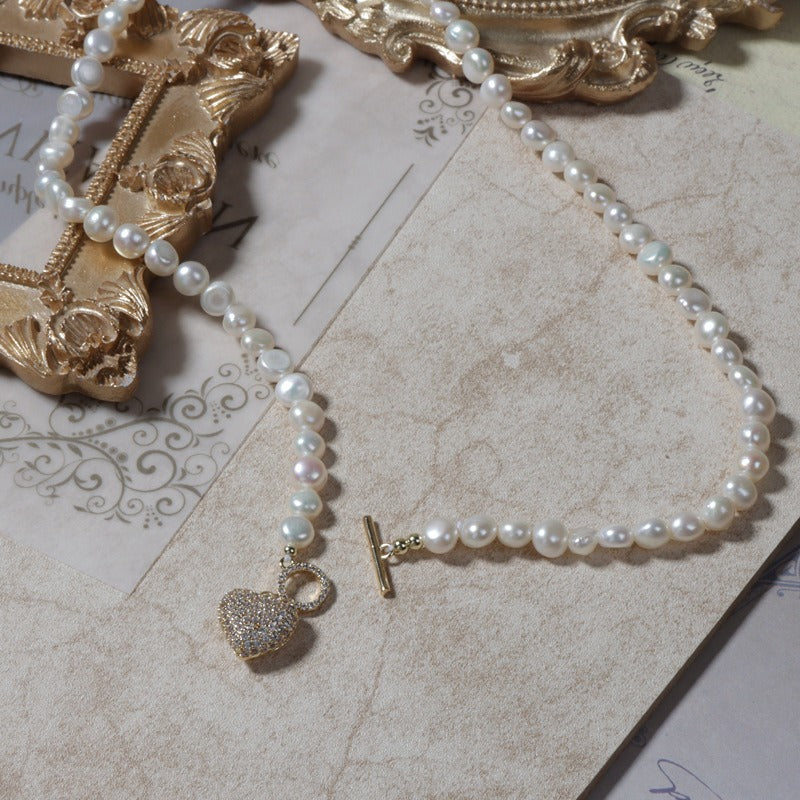 Pearl Necklace with Heart Charm - Toggle Clasp-04