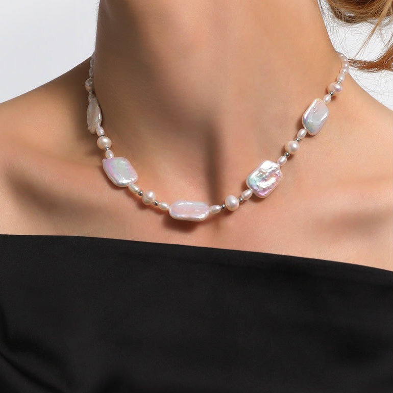 Real-person display of Square Keshi Pearl Bead Necklace