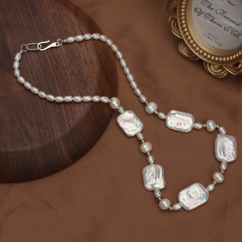 The pearl luster and intricate details of the Square Keshi Pearl Bead Necklace