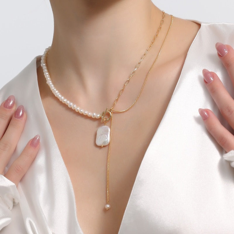 Real-person display of Square Keshi Pearl Layered Necklace