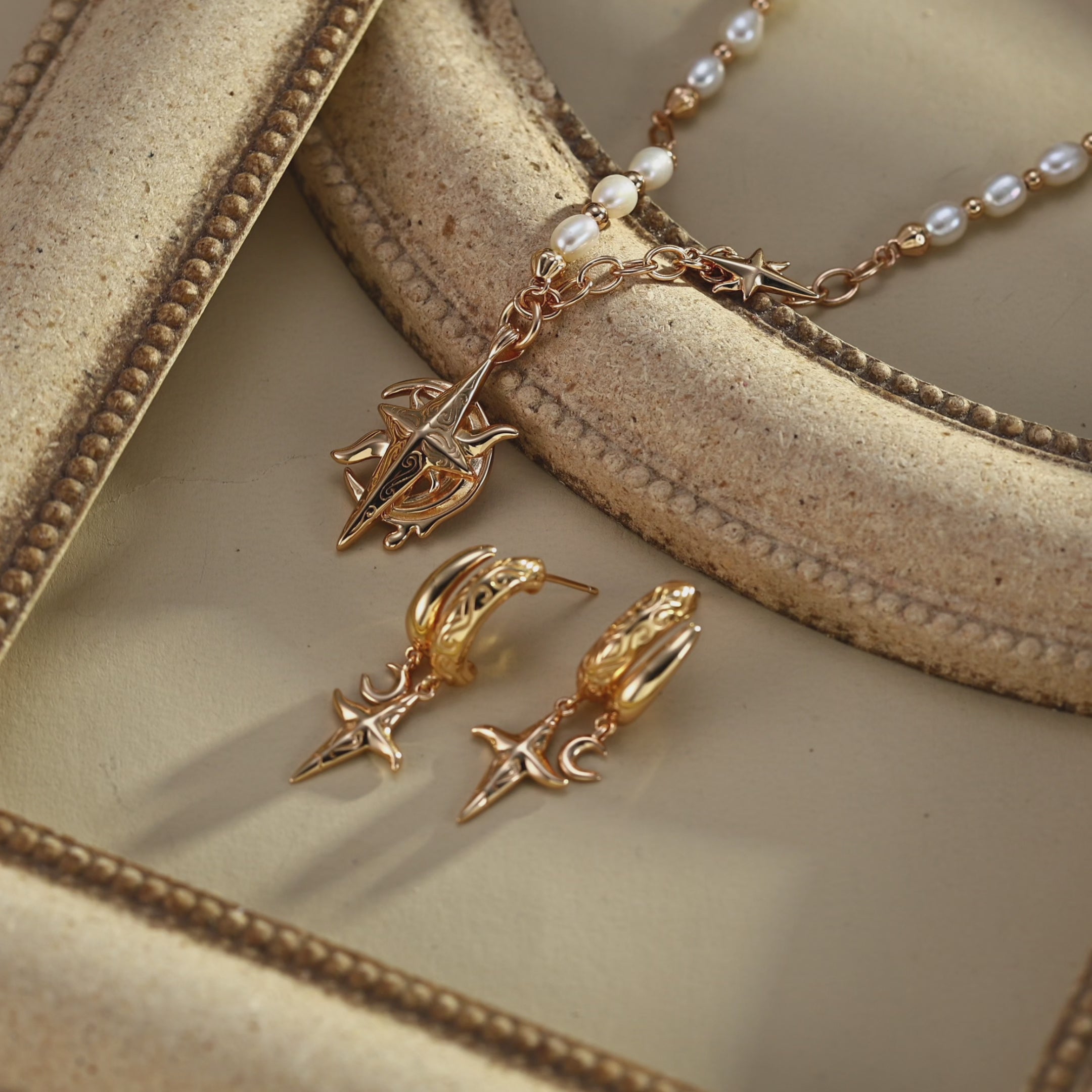 Star & Moon Guardian – Pearl Charm Necklace